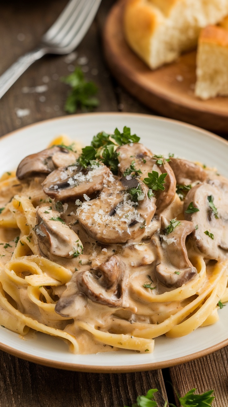 A delicious serving of creamy mushroom pasta topped with parsley and parmesan cheese, served with garlic bread.